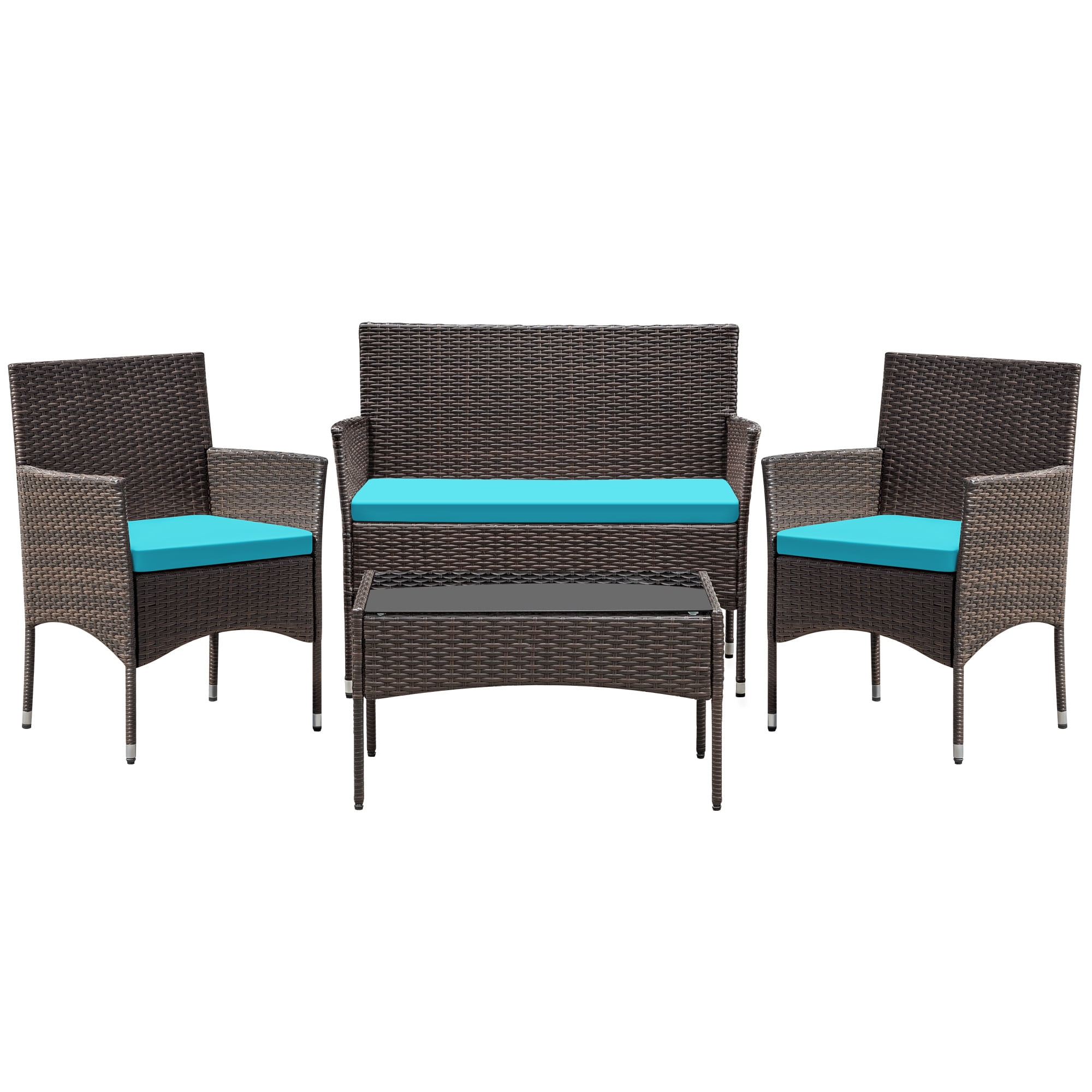 Vineego 4 4PCS Patio Furniture Set Outdoor Conversation Rattan Chairs with Cushion and Loveseat Glass Table for Garden Backyard Porch, Brown/ Blue