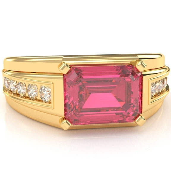 Men's Pink Tourmaline Diamond Channel Ring In Solid 14k Yellow Gold