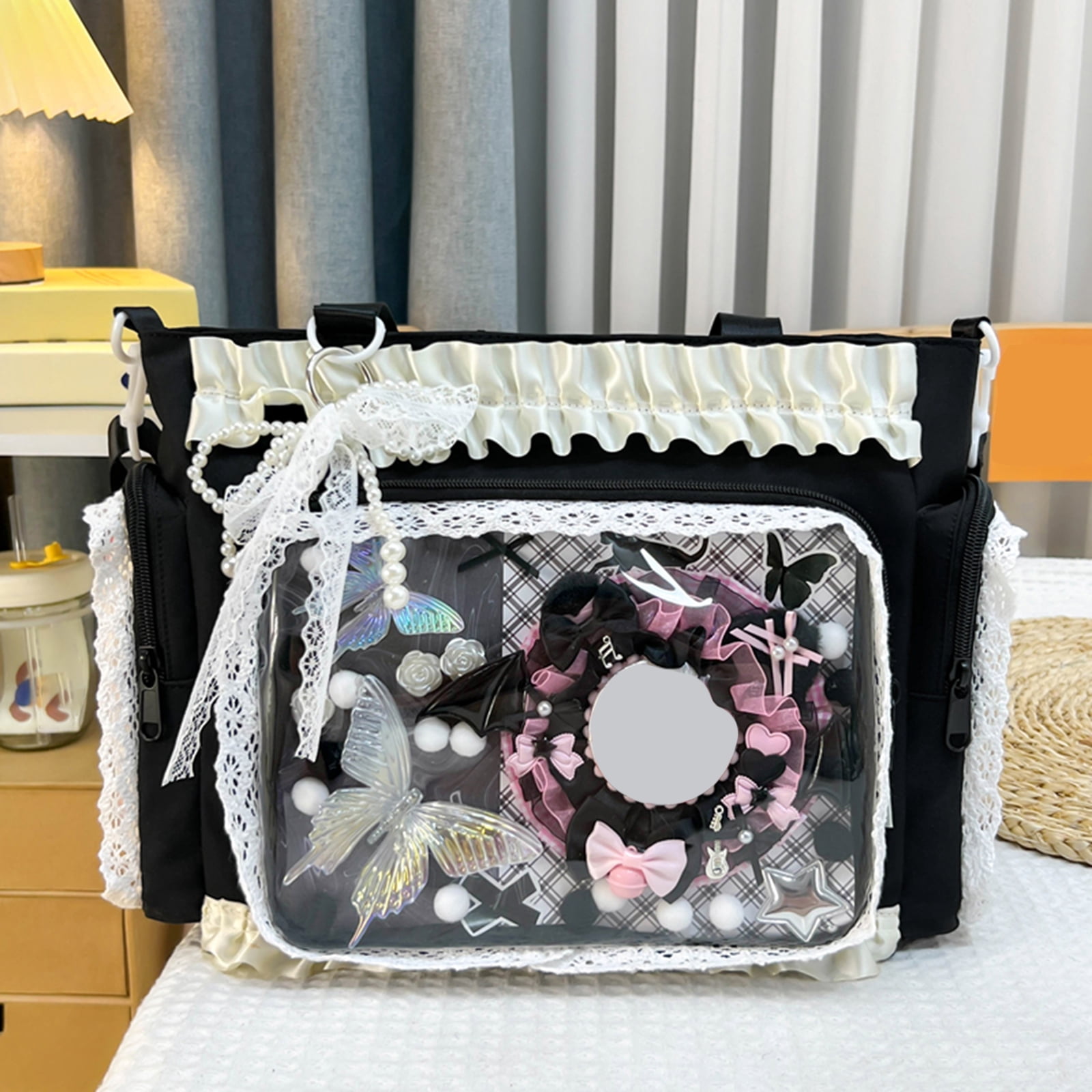 Women Transparent Square Ita Bag with Pin Display DIY Badge Crossbody Bag W/ Zipper & Pendant for Shopping Travel Work Daily Use (Black)
