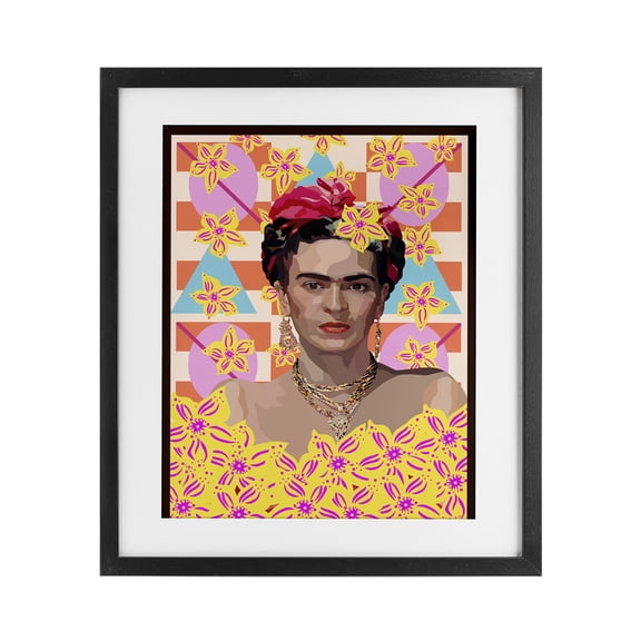 Frida's Floral Journey Black Framed Print Under Glass, design by Lynnda Rakos