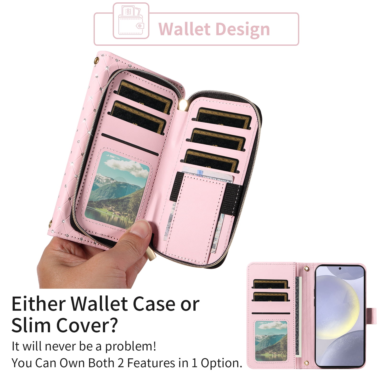 Compatible with Samsung Galaxy S24 Plus/S25 Plus S24+ S25+ 5G Wallet Phone Case Tempered Glass Screen Protector Bling Glitter Crossbody Lanyard Strap Flip Zipper Purse Card Holder Cell Cover for Pink
