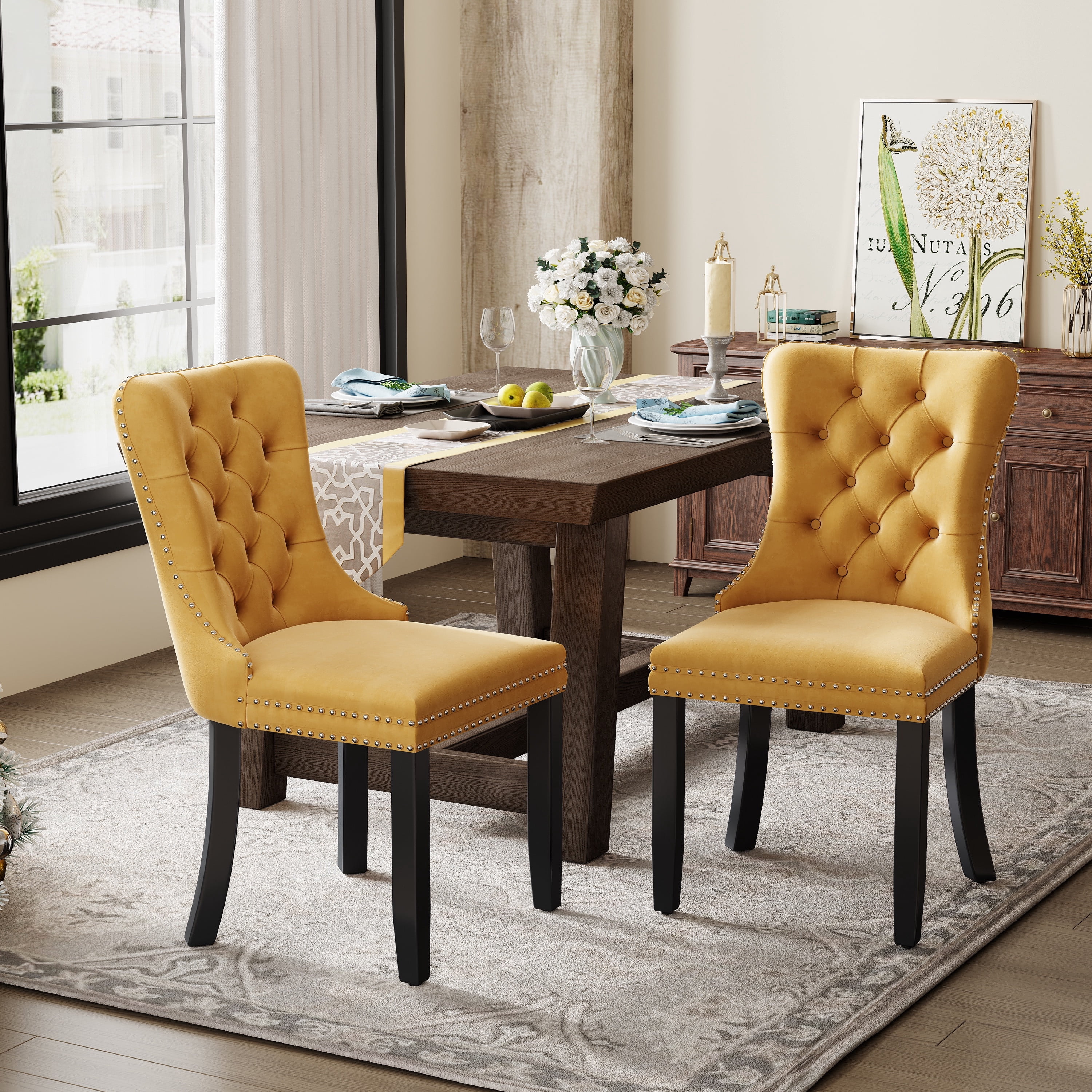 Paproos Dining Chairs Set of 2, Upholstered High-End Tufted Dining Room Chair with Back Ring and Nailhead Trim, Modern Velvet Kitchen Chairs with Solid Wood Legs for Kitchen, Home,Gold