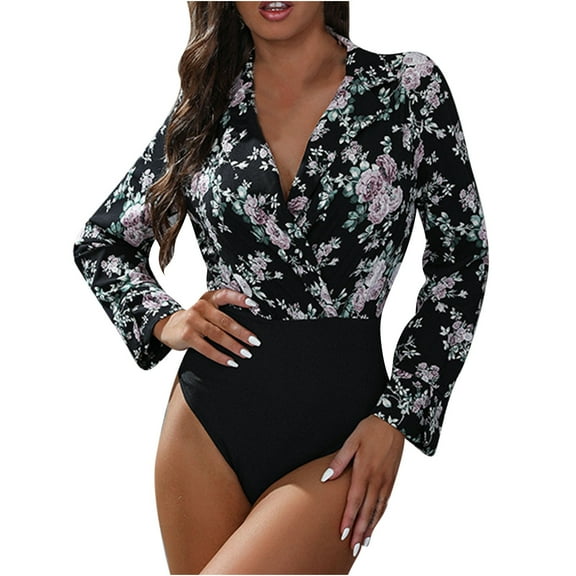 Penkiiy Women's Long Sleeve Wrap V-Neck Leotard Jumpsuit Bodysuit Black Shapewear Tummy Control