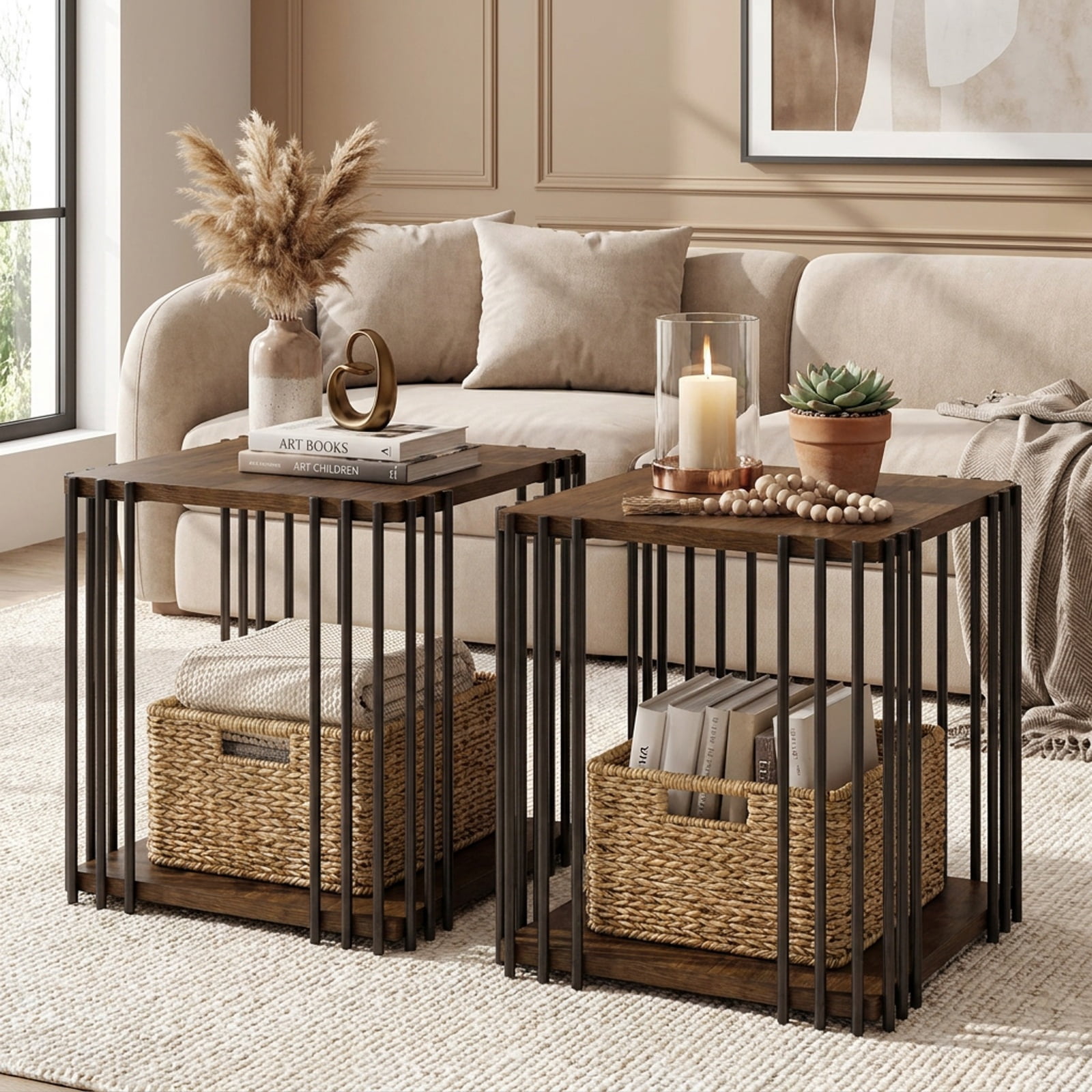 Furnibear Rubber Wood Side Table Set of 2 with 2 Layer Storage Shelves and Black Metal Frame for Living Room Bedroom and Sofa Side Storage, Walnut