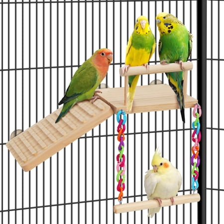 Bird Perches Platform Swing with Bird Mirror Climbing Ladder Birds Toys Cage Accessories for Cockatiels, Lovebirds, Pacific Parrotlets,Chinchilla, Hamster Play Gym Exercise Stand