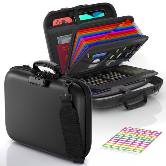 Nacial Fireproof Document Box with Lock & Shoulder Strap, Hard-Shell Fireproof File Organizer with 13 Pocket Accordion File Folder, Portable Safe Sto