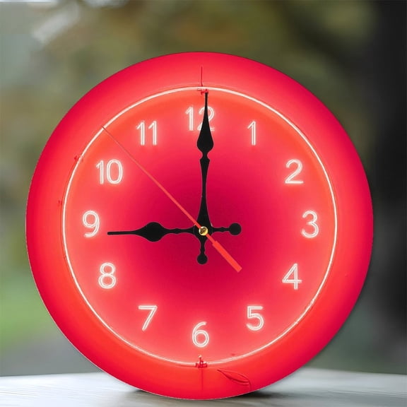 Neon Clock Wall Decor Red Lighting 10-Inch Silent Wooden Wall Clock, Battery Operated (AA Batteries Not Included), Artistic Home Decor
