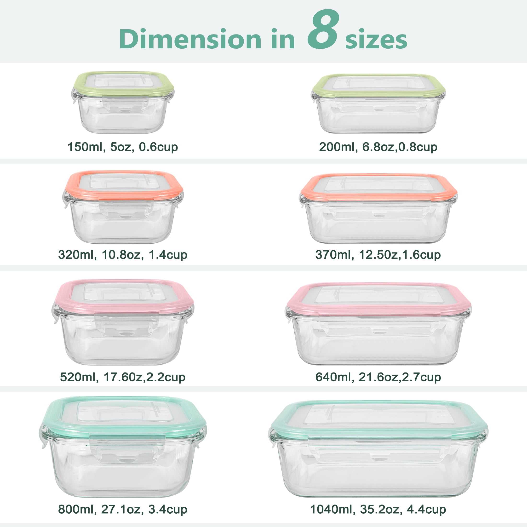 GPED 8 Pack Glass Meal Prep Containers, Food Storage Containers with Lids, Glass Lunch Boxes, Airtight Bento Boxes, for Microwave, Oven, Freezer and Dishwasher Safe, Multicolor