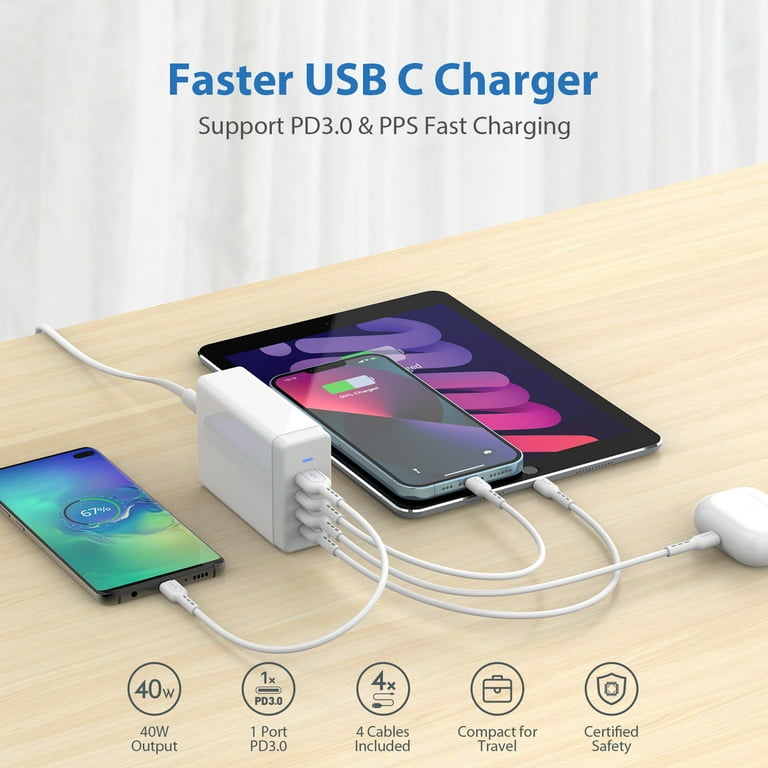 SOOPII 40W USB Charging Station,4 Port USB Charger Station with One Port  PD/PPS 25W for Multiple Devices,4 Mixed Charging Cables Included,Compatible  with lPhone,lPad,Samsung Galaxy,Note,LG,HTC. 