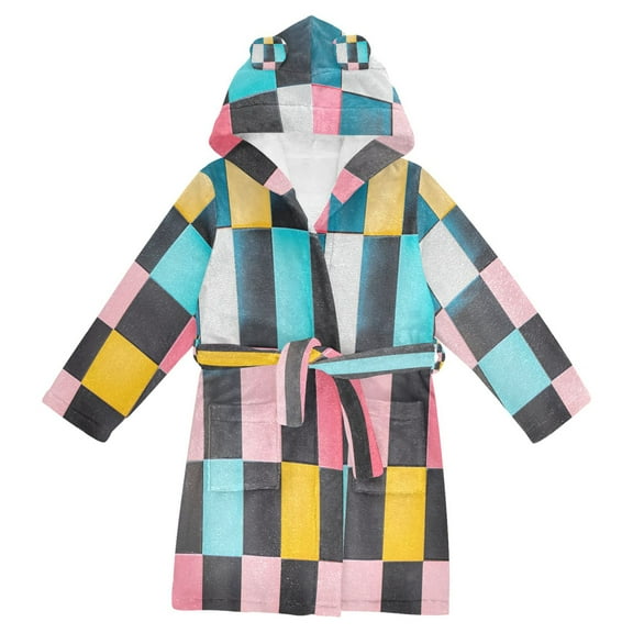 FORMRS Niños Bathrobe Unisex Hooded Robe Soft Plush Pajamas Sleepwear, Size 2-3T, Pink Checkered Pattern