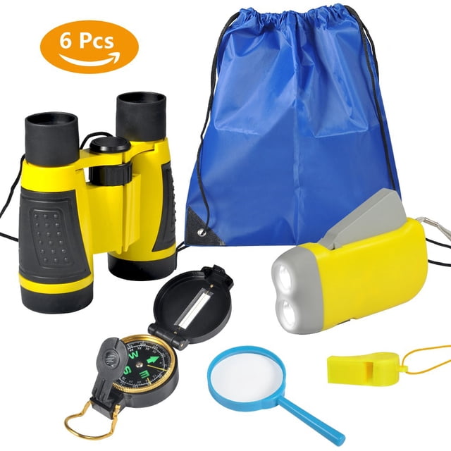 Ensemble de Jumelles Jumelles Cadeau Exploration Extérieure Jumelles 6 Pcs Ensemble de Jumelles Exploration Extérieure Cadeau Éducatif pour Jeunes Enfants pour Camping Randonnée Jaune