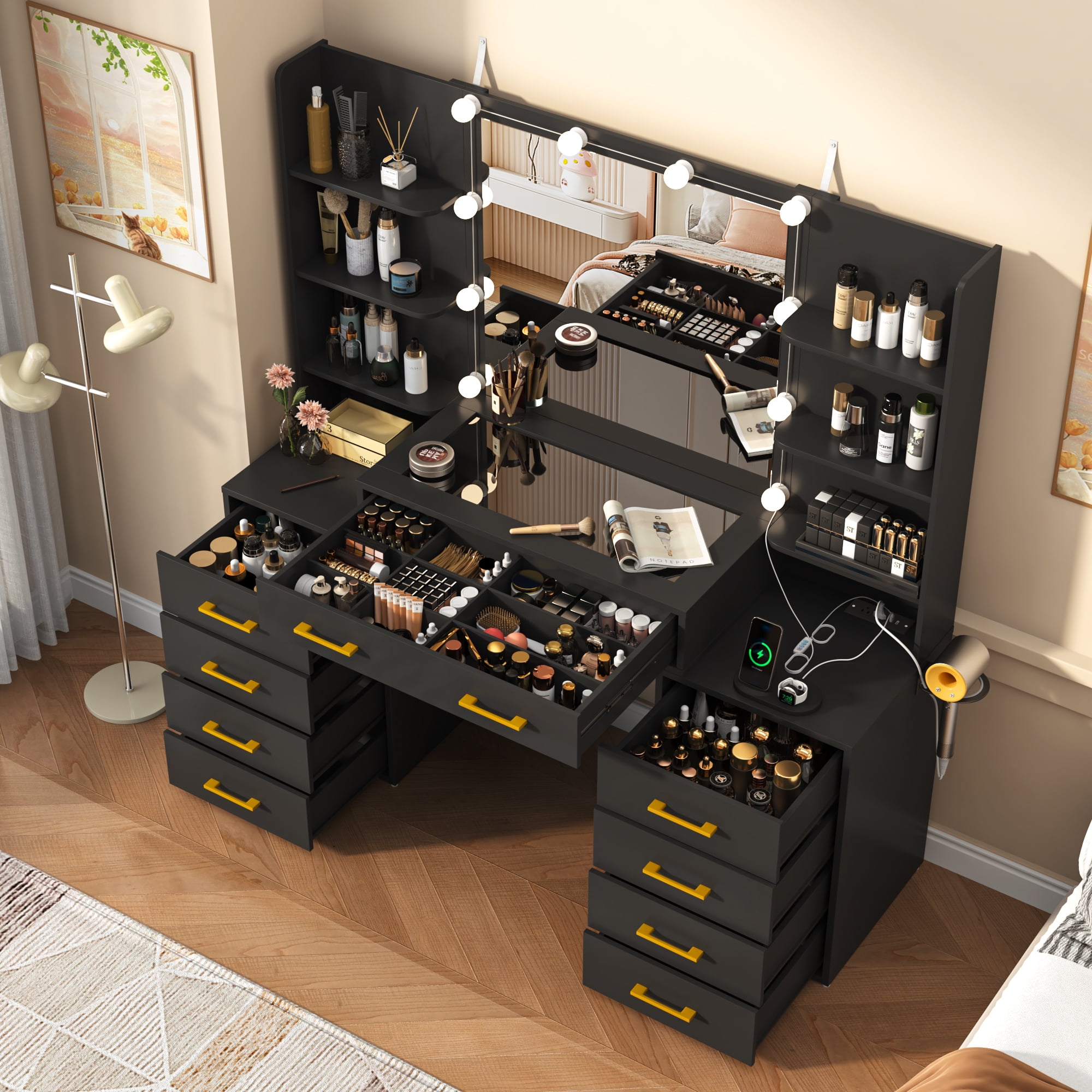 Black Vanity Desk with Mirror & LED Lights, Glass Top Vanity Desk with Charging Station & Compartment Storage Drawers, 55" Large Makeup Vanity Table with 9 Drawers & 6 Shelves