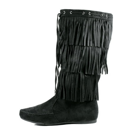 Womens Mid Calf Flat Fringe Boots 3 Tier Layer New Size Faux Suede Moccasin