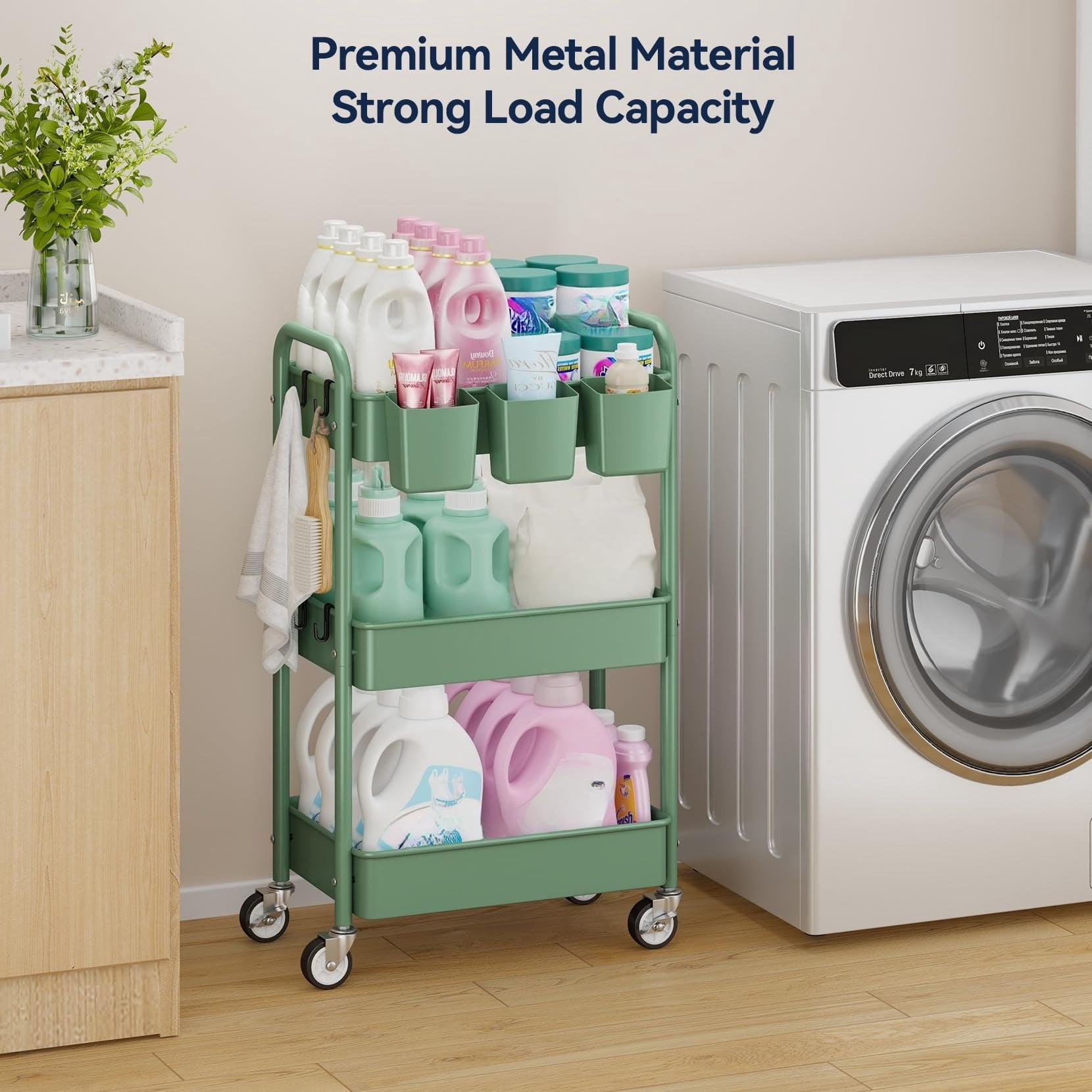 3 Tier Rolling Cart - Metal Utility Cart with Wheels, Hanging Cups, Hooks, Heavy Duty Mesh Rolling Storage Cart Organizer, Craft Cart for Kitchen Office, Lightweight and Sturdy