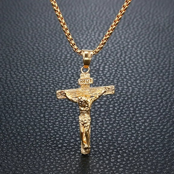 Necklace With Cross Pendant 14K Yellow Gold Jewelry,Retro Gold Color Jesus Cross Necklace For Men/Women, Chain