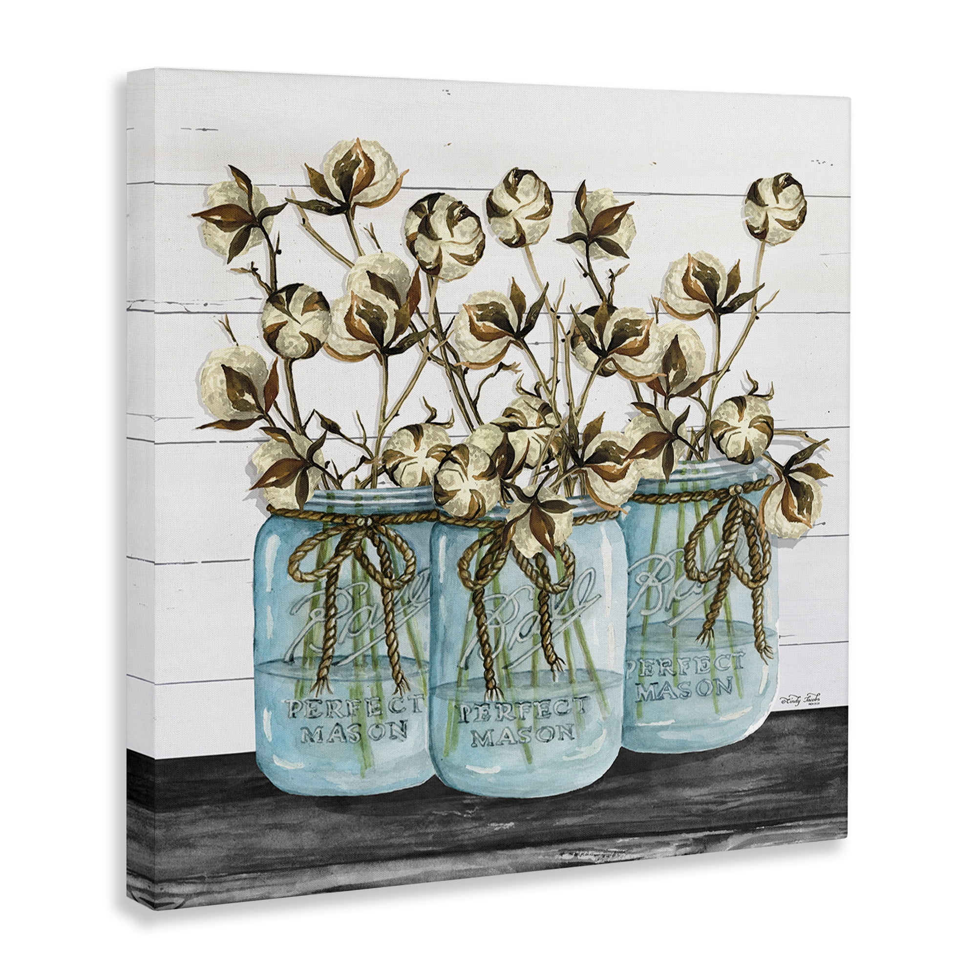 Stupell Industries Cotton in Rustic Jars Botanical & Floral Painting Gallery Wrapped Canvas Art Print Wall Art, 36 x 36
