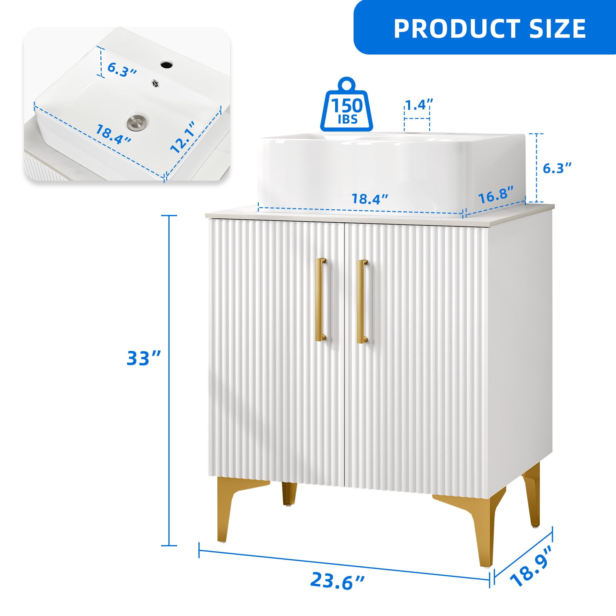 Uforic 24 Inch Bathroom Vanity with Countertop Sink Combo, Modern Bathroom Storage Cabinet with Drain, White and Gold