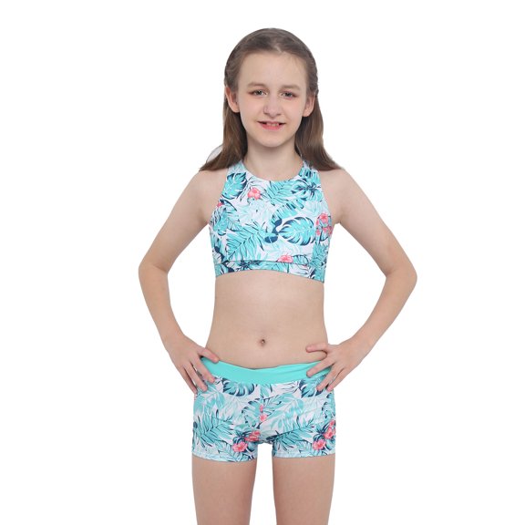 CHICTRY Little Girls 2-pc Swimsuit Floral Patterns Crop Top with Bottoms Swimwear Turquoise 6