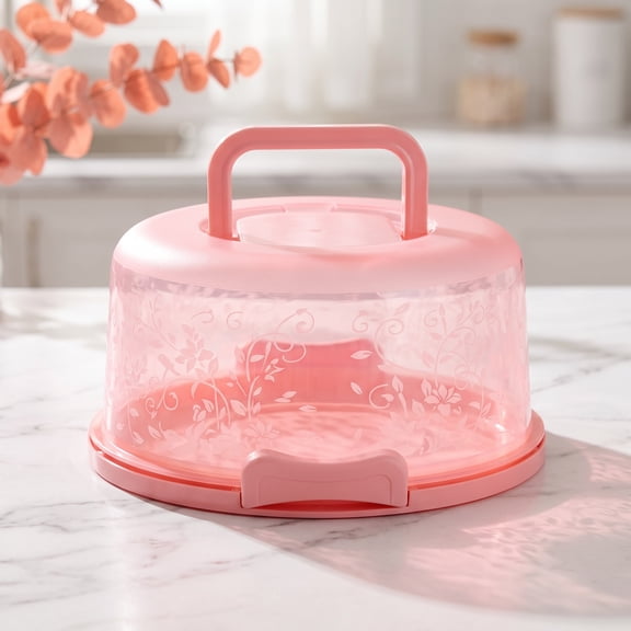 Cake Stand with Lid, Pink Cake Holder with Handle, Reusable Cake Plate with Lid for Cakes, Desserts, Cupcakes and Pastries, Portable Cake Carrier