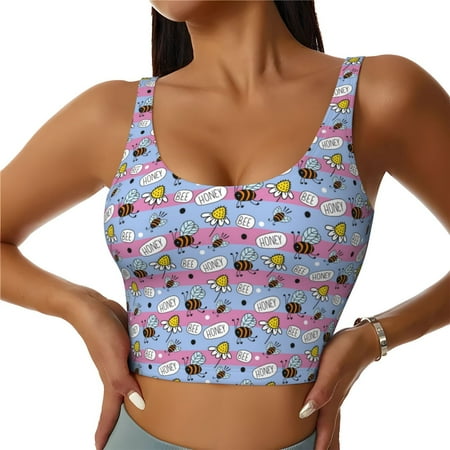 Xecao Bees And Daisies Striped for Sports Bra with Removable Pads  Crop Tank Top Design  Women s Longline Sports Bra - Non-Wired - X-Large