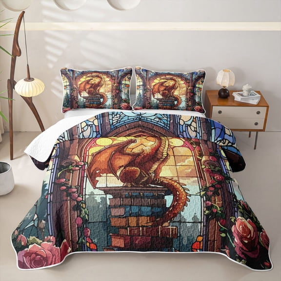 Feelyou Church Dragon Twin Quilt Set for Men Boys, Magical Floral Animal Twin Coverlet Set, Orange Gold, 2-Piece