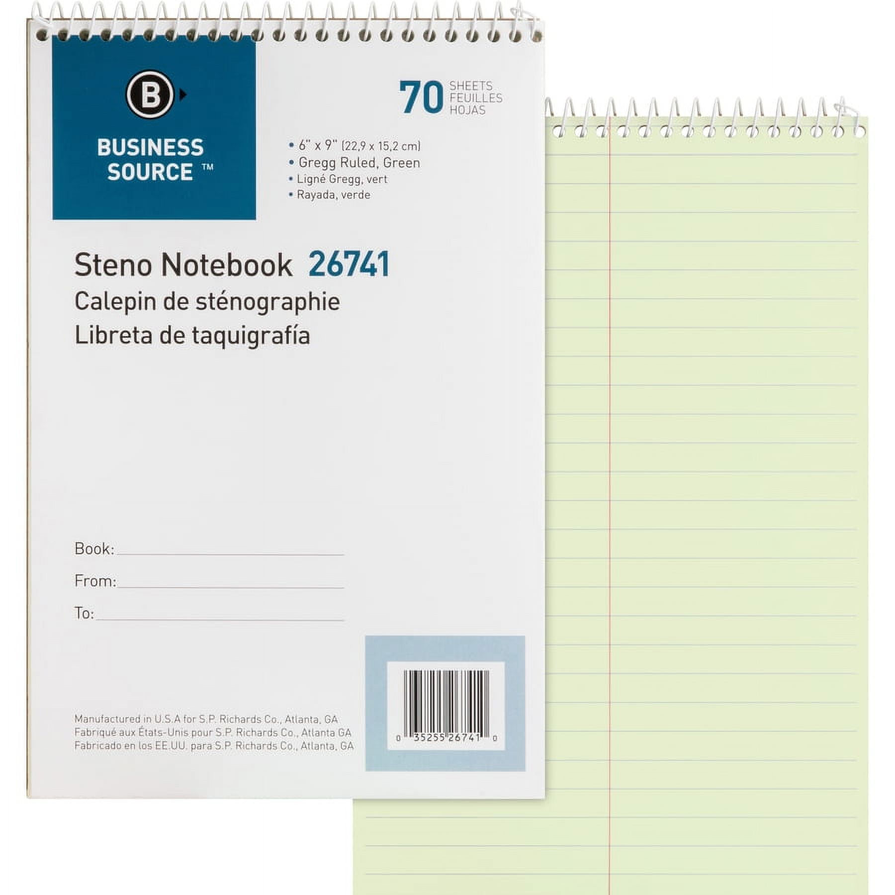 Business Source Wirebound Steno Notebook - 70 Sheets - Wire Bound - 15 Lb Basis Weight - 6" X 9" - Green Paper - 12 / Pack