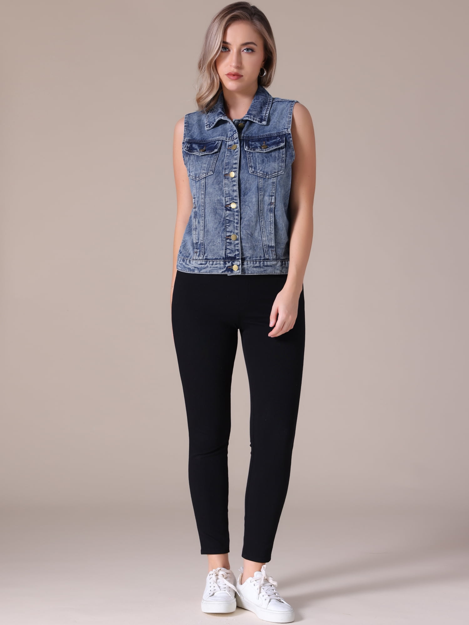 DARING DIVA Womens Denim Vest Button Down Jacket Sleeveless Jean Jacket M Gray Blue