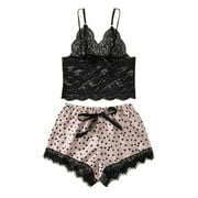 XZNGL Silk Pajamas for Women Shorts Set Women Satin Lace Silk Print Camisole Shorts Bow Set Sleepwear Pajamas Lingerie Sleepwear for Women Shorts Set Pajamas for Women Shorts Set
