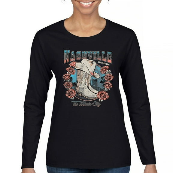 Nashville TN The Music City Women's Long Sleeve T-shirt Country Cowgirl Boots and Hat