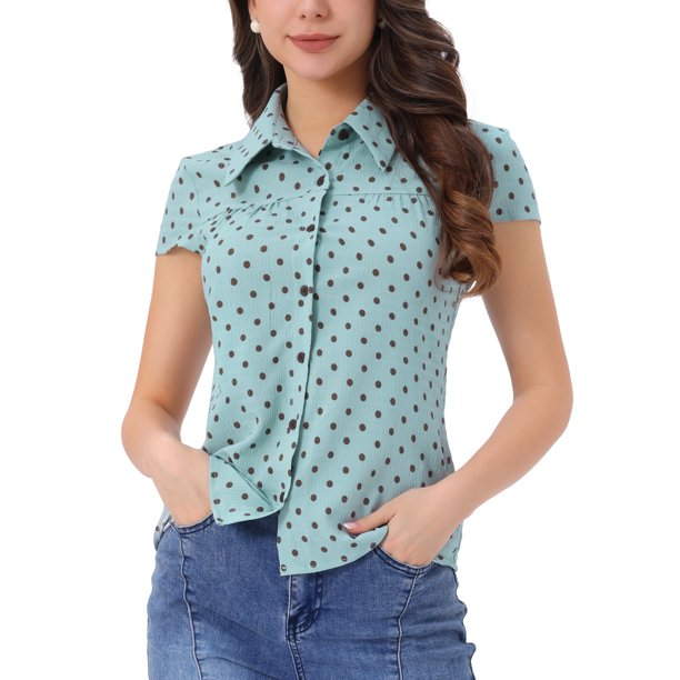 INSPIRAR CHIC Camisetas Vintage de Manga Corta para Mujeres, Camisa de Botones con Lunares L Azul Polvoriento