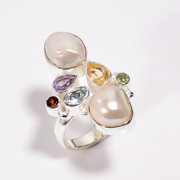 SATYAVIE JEWELLERY Beautiful Silver Baroque Pearl With Multi Cut Gemstone Ring, 925 Sterling Silver Ring Size US 6, Cocktail Ring for Party Wear Handmade Designer Ring Jewelry