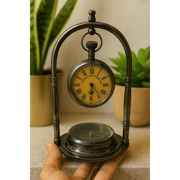 Engraved Personalized Victorian Style Nautical Desk Clock with Compass, Vintage Decorative Table Timepiece Husband Gift for Anniversary, Birthday