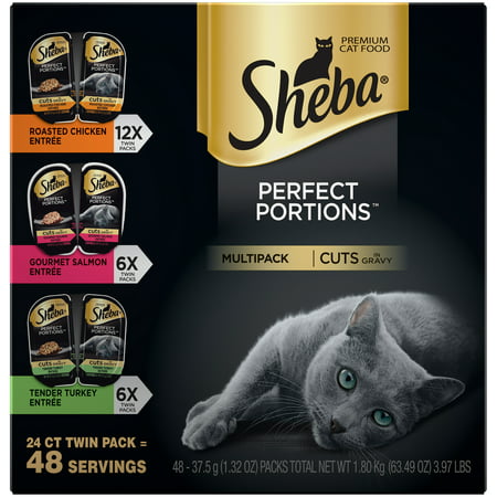 (24 Pack) Sheba Perfect Portions Wet Cat Food Cuts in Gravy Roasted Chicken, Gourmet Salmon, Tender Turkey Entrees Variety Pack, 2.6 oz. Twin-Pack (Best High Protein Low Carb Canned Cat Food)