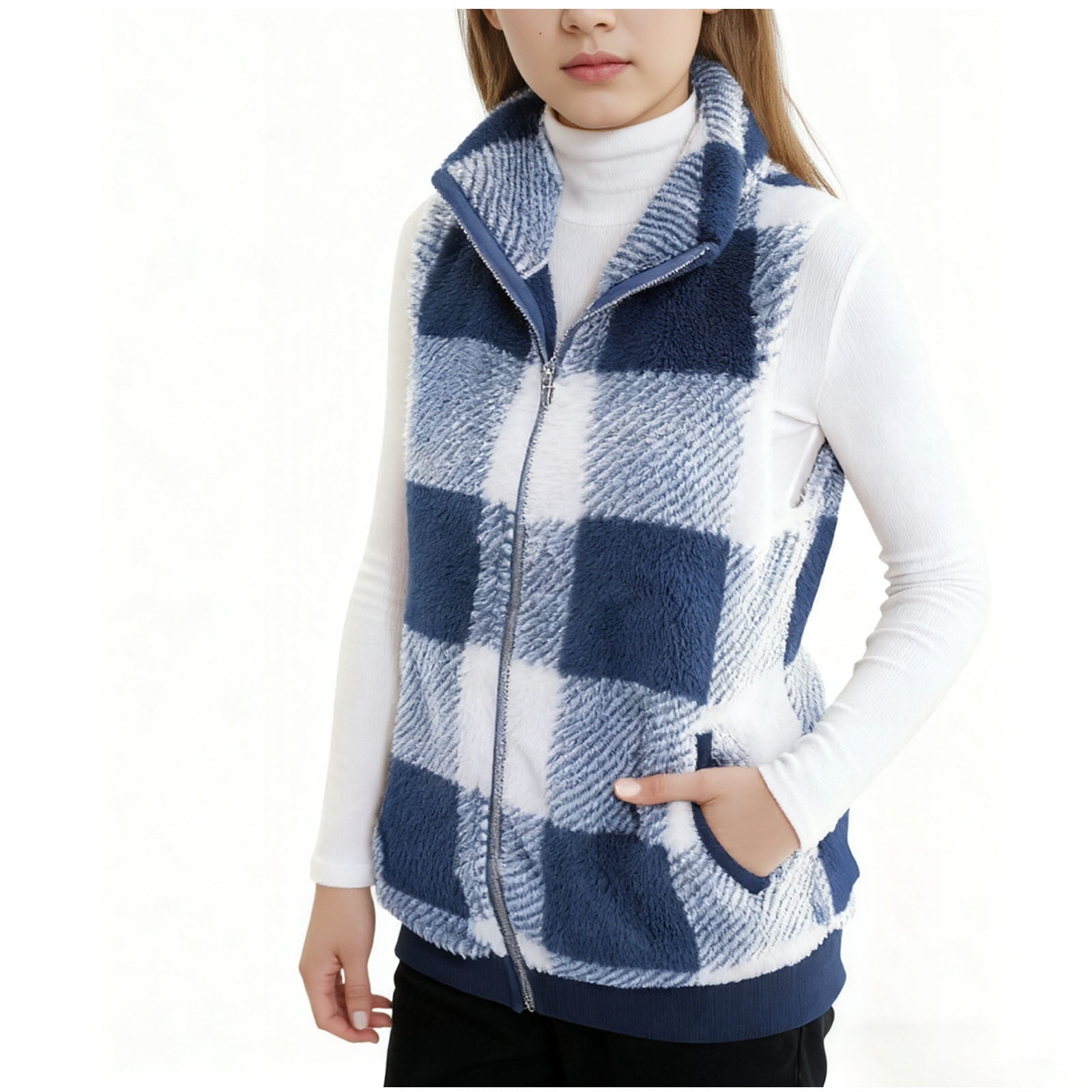 OGLCCG Girls Polar Fleece Vest Jacket Ligntweight Full Zipper Sleeveless Plaid Jackets With Pockets Fall Winter Warm Fuzzy Waistcoat Top 3-15 Years