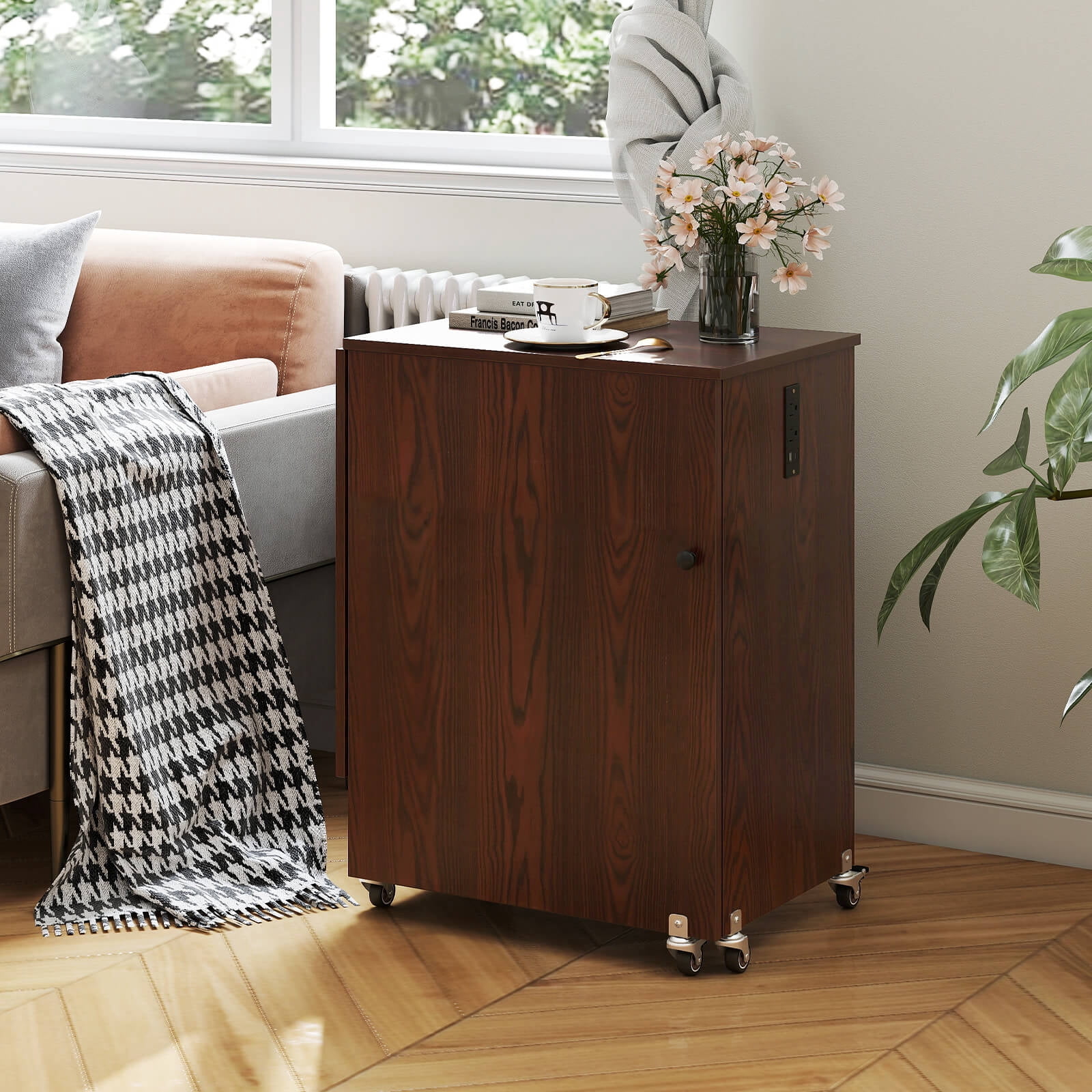Costway Folding Sewing Table Rolling Craft Station with 3 Storage Bins & Charging Station Brown