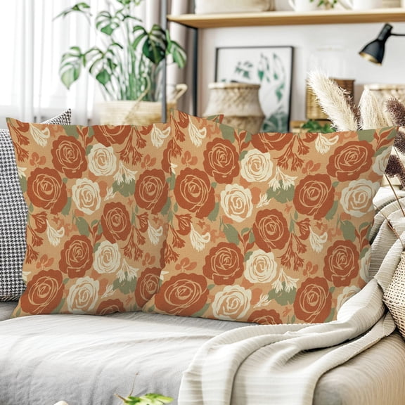 Terracotta Rose Floral Pillow Covers 18x18 Set of 2, Linen Look Polyester Throw Pillow Covers, Machine Washable Cushion Covers for Sofa Couch Bed Decor, No Inserts