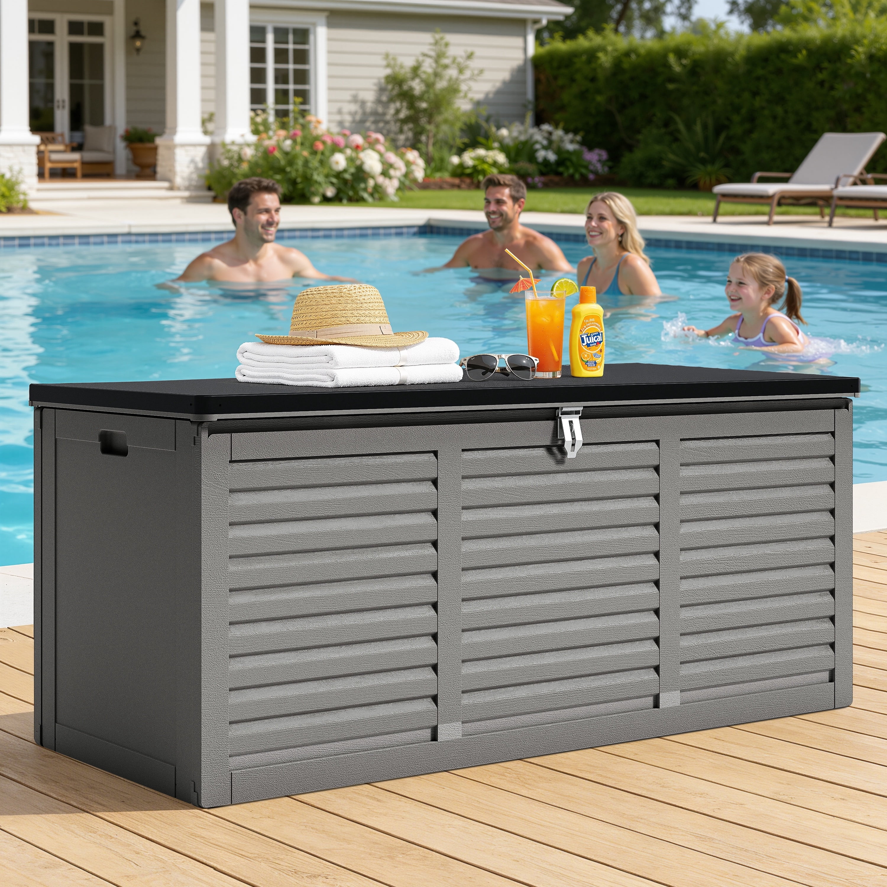 130 Gallon Resin Deck Box, Outdoor Lockable Storage Container for Patio Cushions, Garden Tools, Pool Supplies, Toys, Water Resistant and UV Resistant, Reinforced Rib Design, Gray