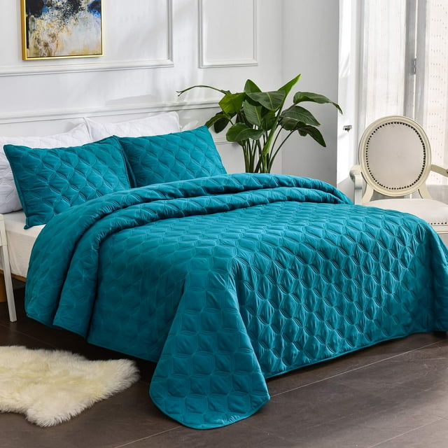Litanika Juego De Cama Tamaño Queen, Color Verde Azulado, Colchas Y Colchas Ligeras, Color Turquesa, Funda De Cama, Decoración De Cama Para Todas Las Estaciones, 3 Piezas (1 Edredón Y 2 Fundas De Almo