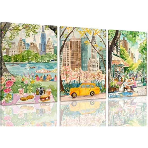 Hieng New York City Poster Travel Wall Art Canvas Watercolor NYC Central Park Landmarks Artwork Decor Painting Prints Pictures Set of 3 for Bedroom Living Room Office