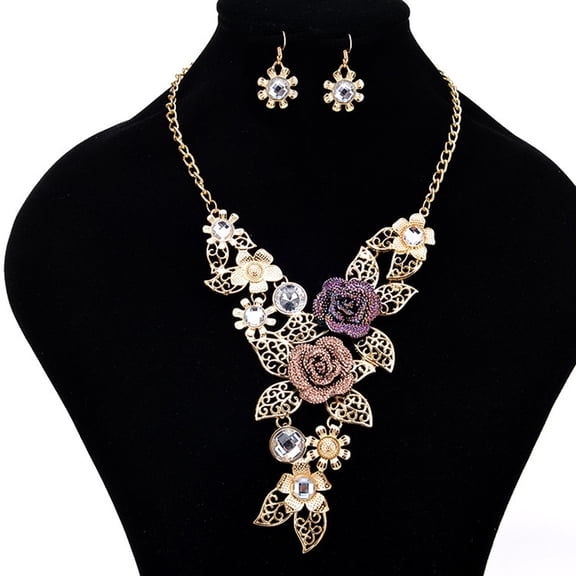 Xinyolin Rhinestone Inlaid Hollow Leaf Flower Pendant, Earrings Necklace Jewelry Set