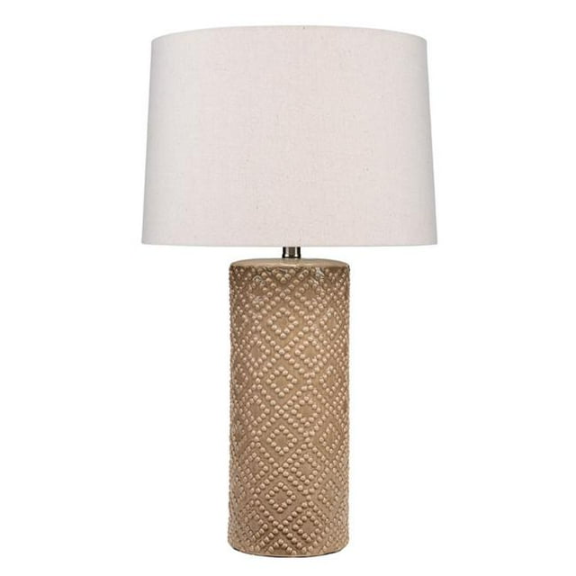 Benzara BM241215 Ceramic Table Lamp with Diamond Pattern, White & Beige