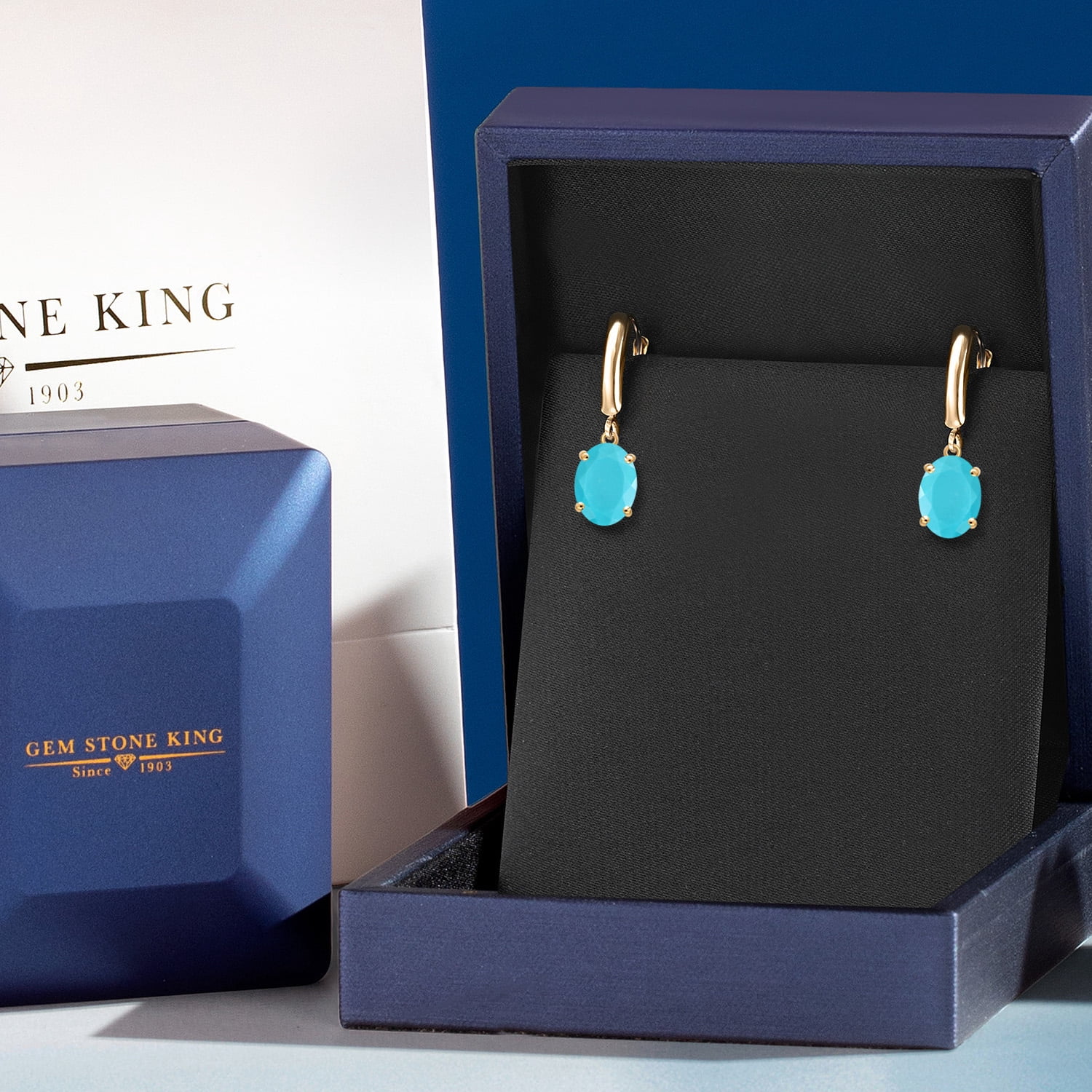 Gem Stone King 14K Yellow Gold Green Turquoise Dangle Earrings for Women | 3.00 Cttw | Gemstone Birthstone | Oval 9X7MM | Fine Jewelry Gifts for Women Mom Wife Her