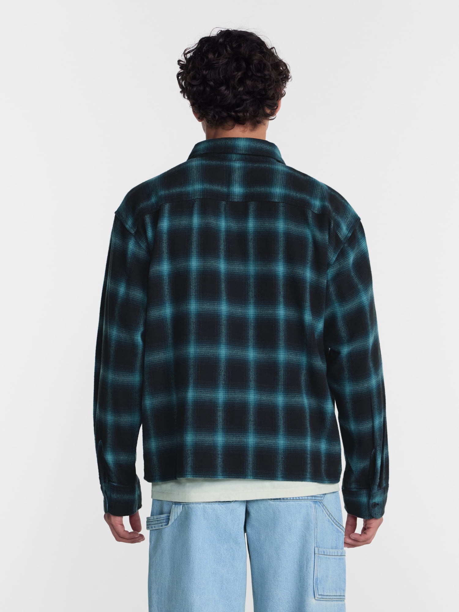 No Boundaries Boxy Cotton Plaid Flannel with Long Sleeves, Men's and Big Men's XS-4XLT