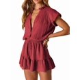 thumbnail image 3 of Summer Rompers for Women 2026 V Neck Short Sleeve Button Up Ruffle Jumpsuit Outfit with Pockets Red L, 3 of 9