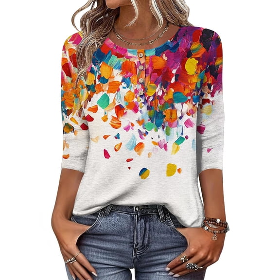 Jsaierl 3/4 Length Sleeve Womens Tops Casual Button Up Round Neck Shirts Cute Print Ladies Blouses Workout Cotton Tunic Top S-2XL