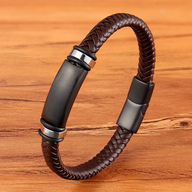 TYO moda acero inoxidable encanto magnético negro hombres pulsera cuero genuino trenzado Punk Rock brazaletes accesorios de joyería Tan Jianjun unisex