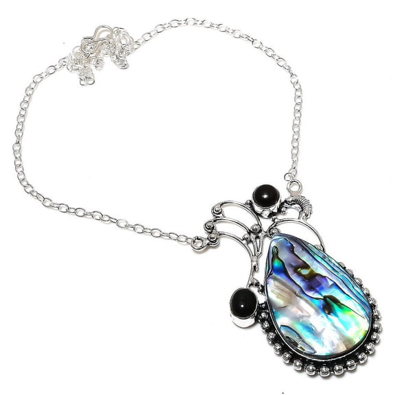 Natural Abalone Shell, Onyx Handmade 925 Sterling Silver Necklace 18"