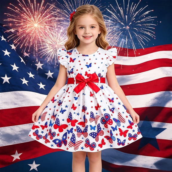 KDFJPTH Dresses for Girls Dance Independent Day Cute Flutter Sleeves All Over Print Waist Belt Patriotic Party Outfit Dress