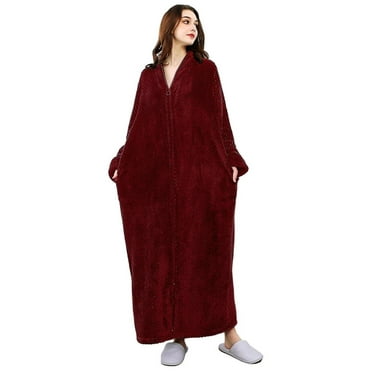 Robes for Women, LOFIR Long Womens Robes, Cozy Soft Fluffy Fleece Front Zipper Robe, Warm Plush Winter Bathrobe with Side Pockets, Burgundy, XL