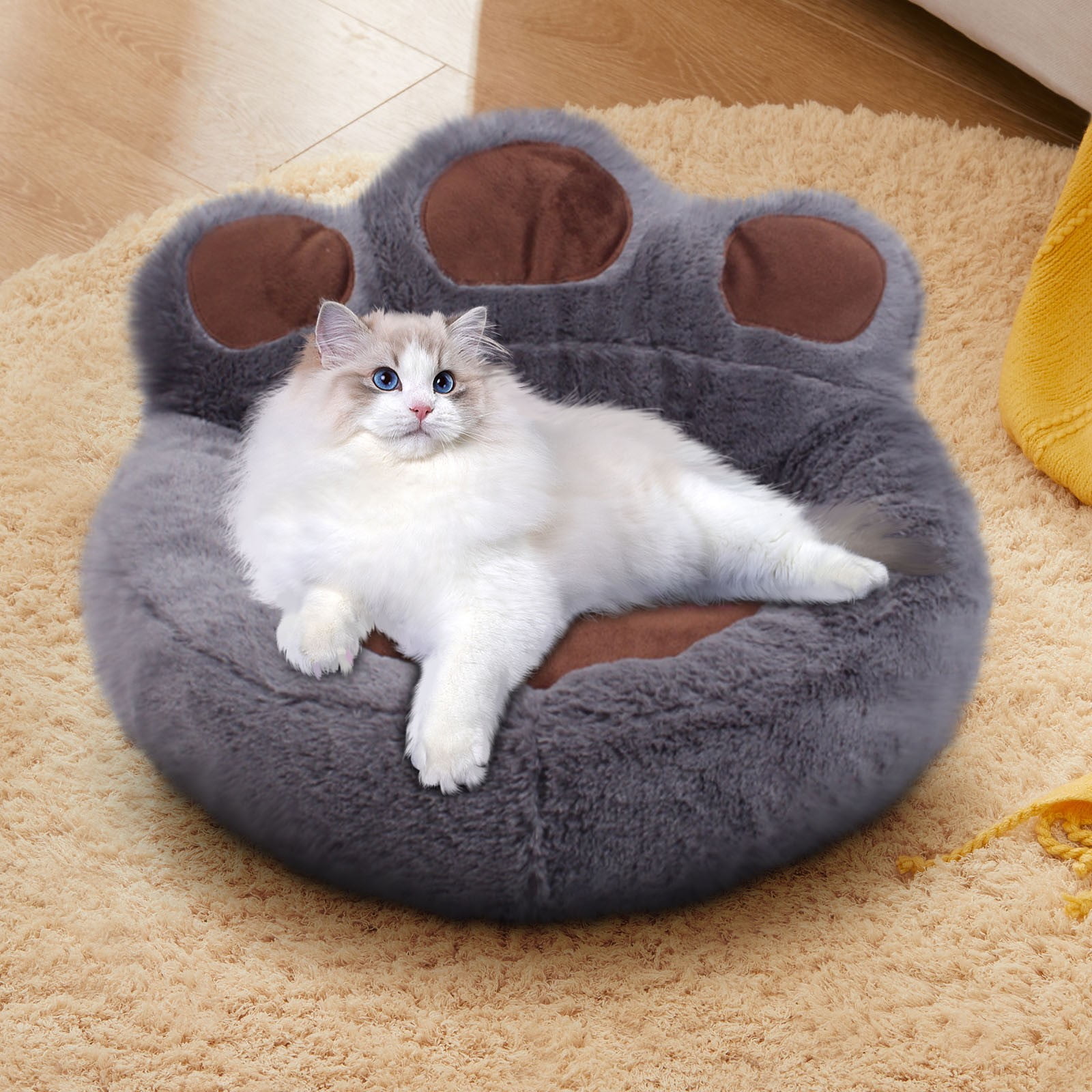 Cute Round Calming Dog Bed of Paw Shape, Pet Large Fur Plush Dog Bed Donut for Medium Large Breed Dog, Soft, Comfy and Cozy Doggie Bed with Bolster E